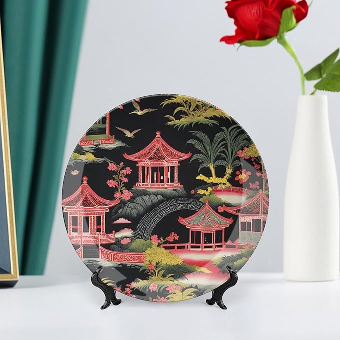 Chinoiserie Charcoal Coral Pagoda Asian China Plates of 6", 7", 9", 10", Customize Blue And White Plates, Office Festival Decorations Table, with Display Stand And Hook Up