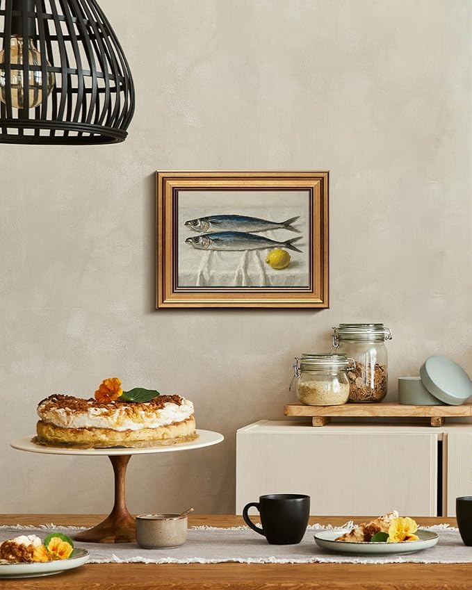 VIYYIEA Vintage Gold Framed Wall Art for Living Room, Salted Fish Canvas Prints Home Decor, Oil Painting Picture, Bedroom Wall Decor Gifts for Friends or Family -【Salted Fish & Lemon】-(10L x 8W)
