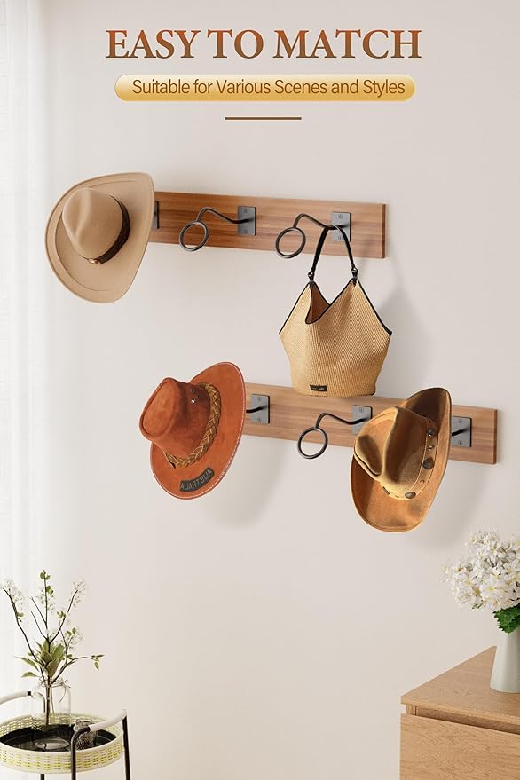 Cinati Cowboy Hat Rack for Wall 6 Pack, Cowboy Hat Holder Wall Mount, Western Rustic Metal Hats Hanger Hooks Organizer for Fedora,Sun Hats,Wide Brim,Western Room Decor