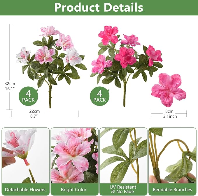 Artificial Fake Flowers for Outdoor, 8 Bundles Faux Plants Silk Flowers Spring Decoration UV Resistant No Fade Plastic Flowers for Outside Planters Home Porch Patio Yard Garden Decor
