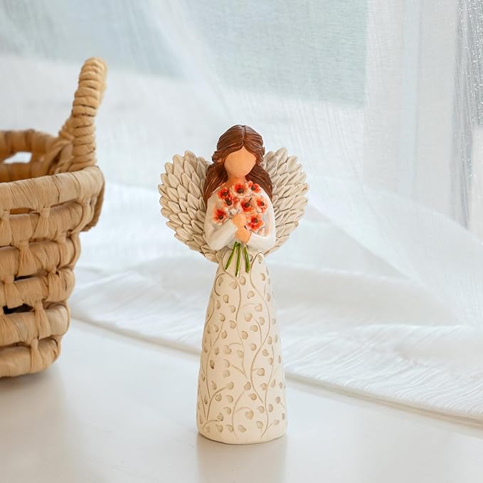 Hand-Painted Angel Figurine with Red Poppy, Remembrance Symbol & Tree of Life Design - Meaningful Gift for Memorial, Hope & Renewal. Angel Statue with Leaf Pattern Dress