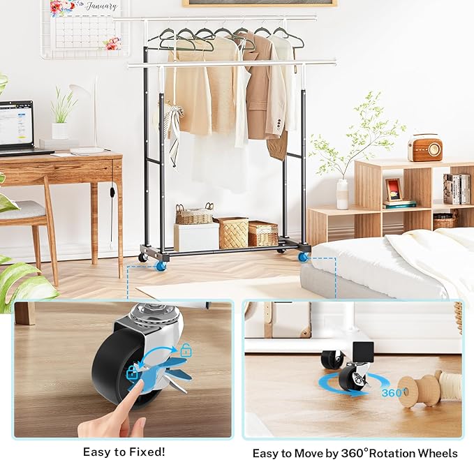 Double Clothing Rack, 130LB Capacity Heavy Duty Garment Rack with Wheels and Bottom Shelf, 55.51 Inch Long Rolling Clothes Racks for Hanging Clothes, Black