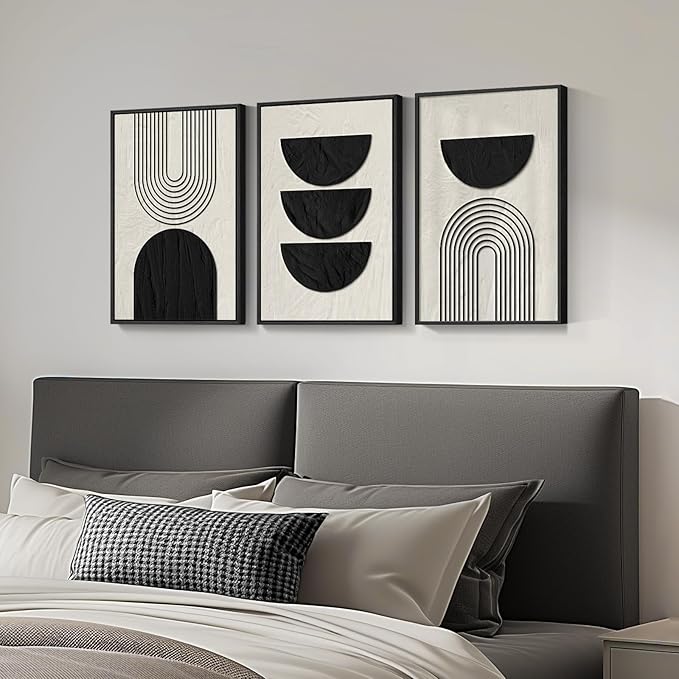 Framed Boho Black and White Abstract Wall Art, 3 Piece Modern Beige Canvas Prints Paintings Artwork for Walls, Black Geometric Pictures for Living Room Bedroom Hallway Office Wall Decor 16x24 In