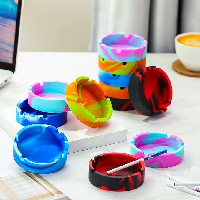 Threlaco 12 Pcs Ash Tray Silicone Ashtray Colorful Unbreakable Cigar Ashtrays for Home Hotel Office Outdoor Indoor Patio, 4 Colors(Round)