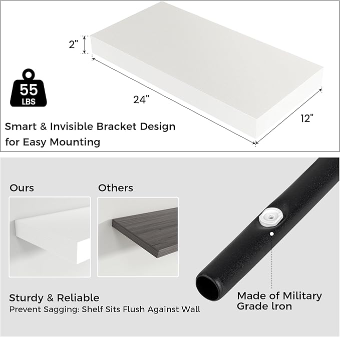 Venusmiles Floating Shelves for Wall, 24 Inch Wide x 12 Inch Deep Floating Shelves, Long Wood Floating Wall Shelf Shelves for Living Room Bathroom Bedroom Kitchen Home - (White, 24" W x 12" D x 2" H)