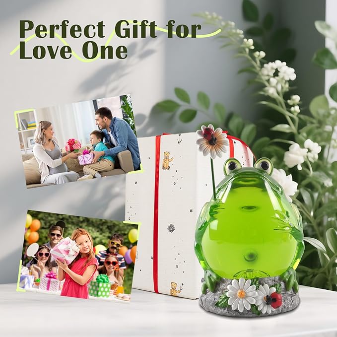 Spring Frog Snow Globe Decor with 6H Timer, Swirling Glitter Frog Snowglobe Spring Figurine Decorations, USB/Battery Operated, for Spring Holiday Home Decor and Gift (Frog Flower)