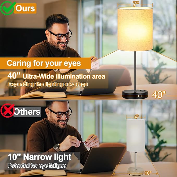 Lynnoland Set of 2 Touch Beige Table Lamps with 2 USB Ports & AC Outlet, 3-Way Dimmable Bedside Nightstand Lamps for Living Room Nursery Office Bedroom, 800 Lumens 2700K Warm Bulbs Included