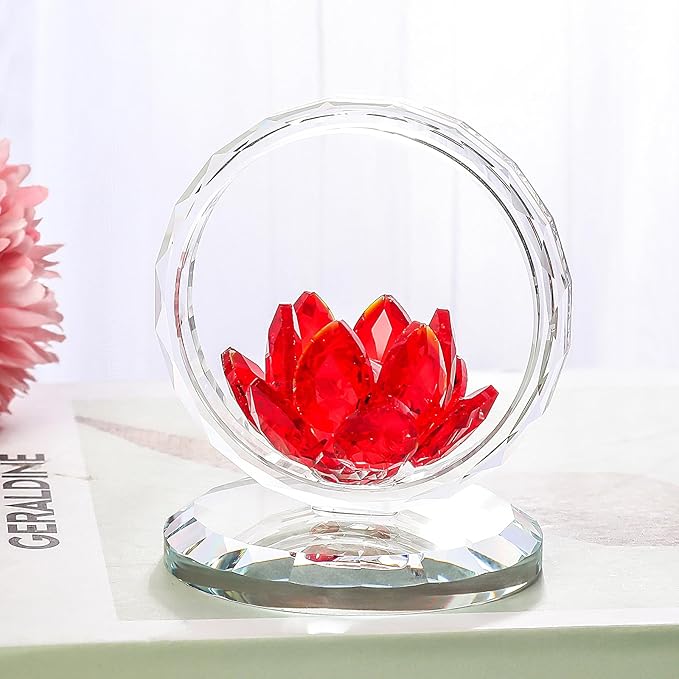 LONGWIN Crystal Lotus Flower Basket Figurine Collectible Glass Flowers Art Decor Reflection Feng Shui Decorative Ornaments for Living Room Bedroom Office Red