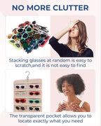 BAGSMART Hanging Jewelry Organizer, Dust Proof Sunglasses Storage Case Wall Mounted, Travel Dual Sided Glasses Case Multiple Pairs, Eyeglasses Holder with 32 Clear Slots & Metal Hook, Pink