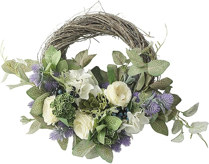 19in Artificial White Silk Rose Hydrangea Wreath with Blueberry, Lifelike Eucalyptus Leaves Rattan Garland Spring Summer Decorative Wreath for Wedding Arch Front Door House Wall Decor