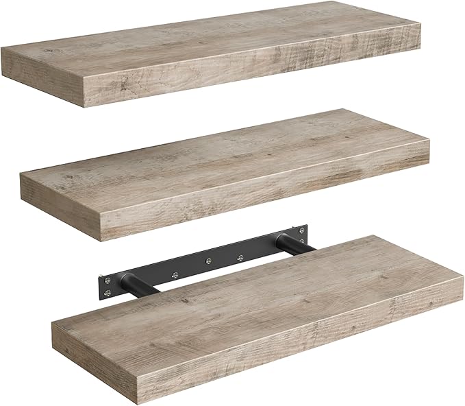 RALGEND Floating Shelves for Wall, 1.5" Thick Wall Shelf Set of 3 with Invisible Brackets, 15.7L x 7.9W Hanging Book Shelves Farmhouse Home Decor for Bathroom, Living Room, Bedroom, Greige 4301BJP3BG