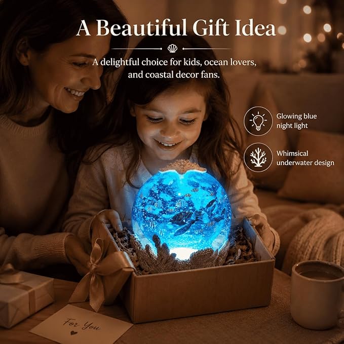 Starfish Night Light Ocean Decoration with 6H Timer, USB & Battery Powered, Rotating Ocean Scene Star Fish Snow Globe with Sea Turtle and Fish for Kids Adults Bedroom Living Room Decor (Starfish)