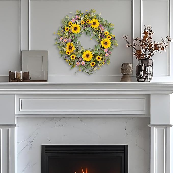 22 Inch Sunflower Wreaths for Front Door, Spring Summer Floral Wreath with Sunflowers, Purple Wildflowers and Lavender, Mixed Greenery for Indoor Outdoor Porch Wall Wedding Farmhouse Decor