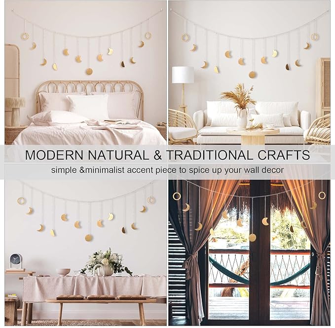Moon Phase Wall Decor with LED String Light, 13 Gold Wood Boho Wall Hanging Decor Mood Garland 56'' - Celestial Phases Moon Decoration in Bohemian Style for Bedroom Living Room, Birthday Gifts