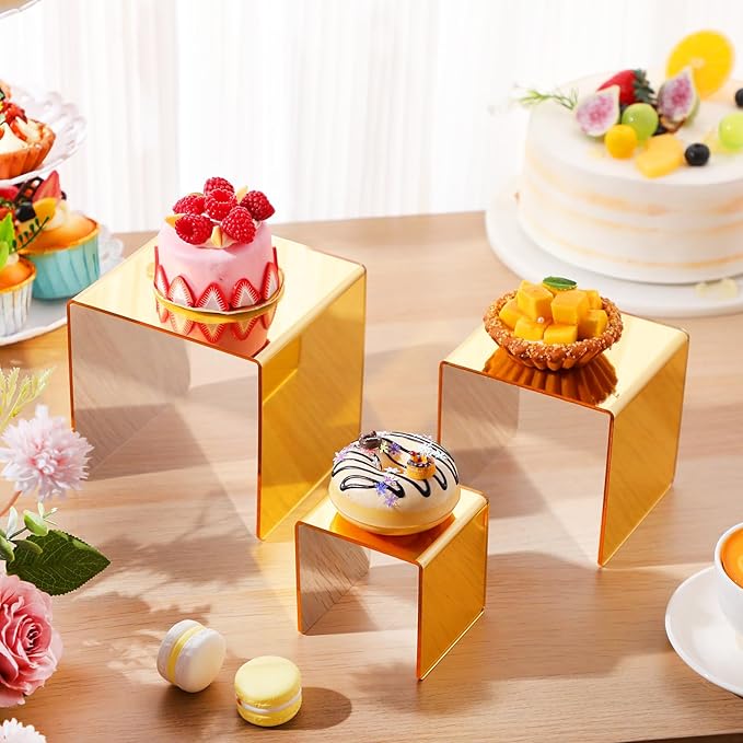Chuangdi 2 Sets Acrylic Display Risers, Product Stand, Jewelry Display Riser Shelf Showcase Fixtures for Dessert Cupcake Candy Figure Treat Action Showcase (Gold,Medium Set)
