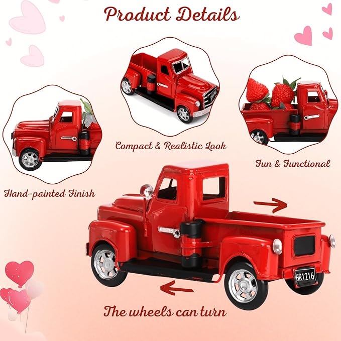 Youeon Farmhouse Red Truck Decor, 7x3.1x3.5 Inch Vintage Metal Pickup Truck Valentine Ornament Gift, Rustic Table Centerpiece, Small Garden Planter Truck Decoration