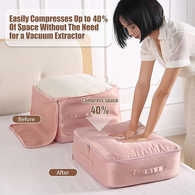 Ultra Space Saving Self Compression Organizer, Upgraded Space Saving Self Compression Organizer Space Bags, Premium Comforter Packaging Cube Bedding Storage Bag (Pink, Large 54×42×30cm)