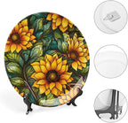 Decorative Plates, Autumn Flowers Stained Glass Design Ceramic Dinner Plate Home Wobble-Plate with Display Stand, Wall Hanging Decor for Kitchen Household 6 Inch, Gifts for Sunflower Lover