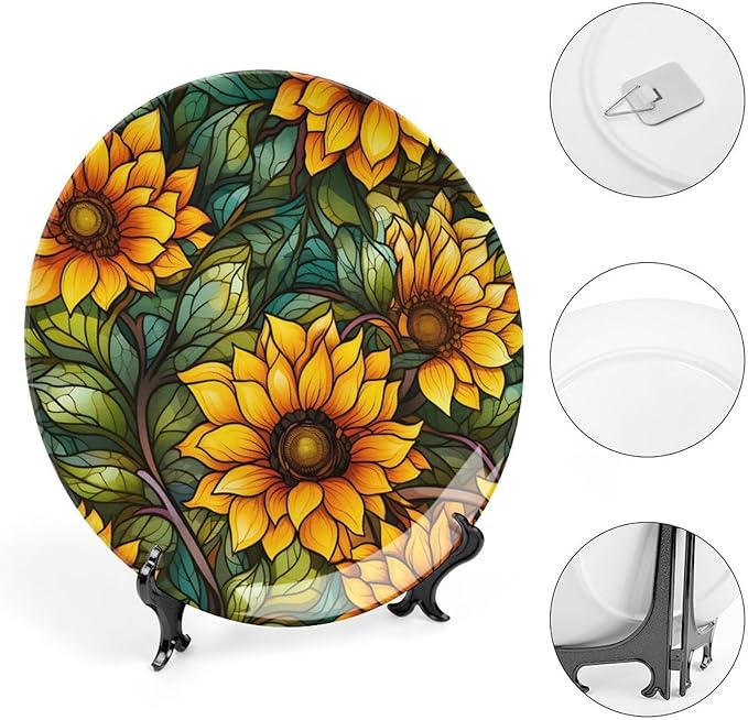 Decorative Plates, Autumn Flowers Stained Glass Design Ceramic Dinner Plate Home Wobble-Plate with Display Stand, Wall Hanging Decor for Kitchen Household 6 Inch, Gifts for Sunflower Lover