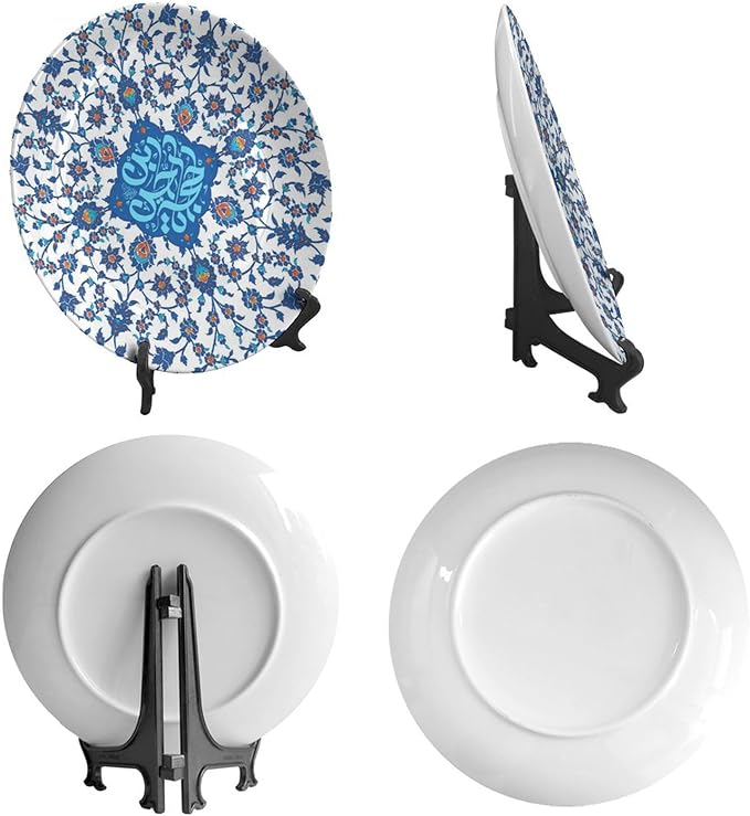 Turkish Decorative Plate Holder, 8 Inch, Blue Flowers Round Display Plate, Table Top Plate Decor with Stand, Ceramic Craft for Wall Hanging Decorative