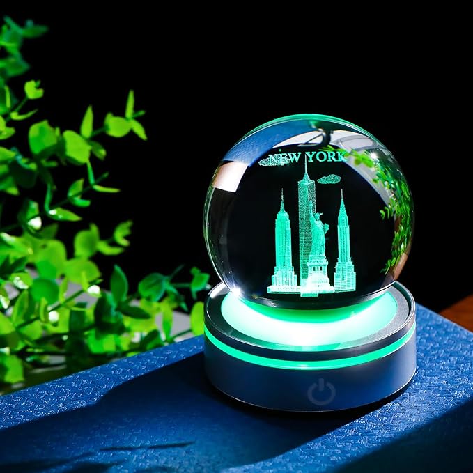 Movdyka 3D Crystal Ball Statue of Liberty New York Souvenirs Gifts for Women Men Snow Globe Night Light, Laser Engraved Empire State Building Figurine Home Room Decor Glass Art Crafts