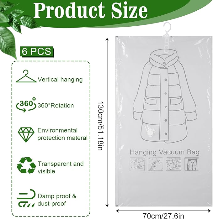 6 Pack Clear Hanging Vacuum Storage Bag, 51.2 x 27.6 inch Hanging Vacuum Sealer Storage Space Saver Bags, Reusable Space Saver Bags, for Suits Dress Jackets