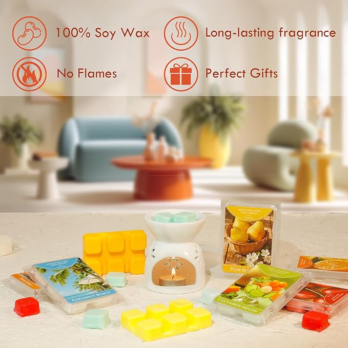 SCENTORINI Wax Melts, Scented Wax Cubes for Wax Warmers, Summer Scent, Coconut Beach, Pear Blossom, Cherry, Cucumber Melon, Pineapple, Energizing Citrus, 6 Pack