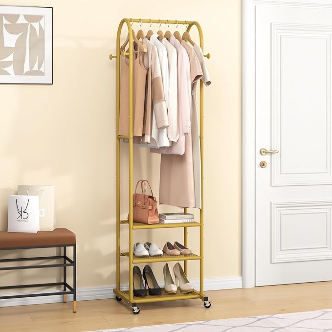 Heavy Duty Clothing Rack with Wheels,Modern Garment Rack with 3 Metal Shelves, 71.8Inches Display Rack for Hanging Clothes, Hanging Rod for Small Space,Gold