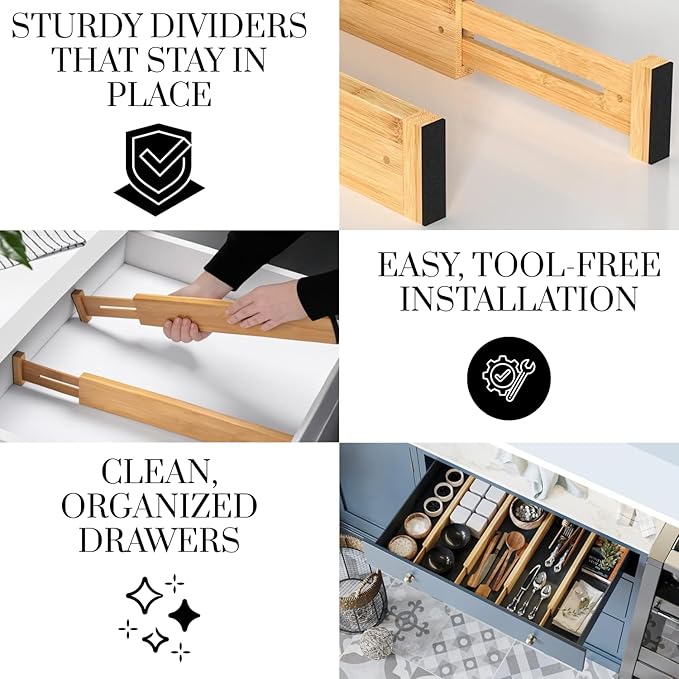 Expandable Bamboo Drawer Dividers 8 pack with labels(17"-22") Drawer Organizer for Kitchen, Clothes,Utensils,Silverware,Dresser,Office,Desk
