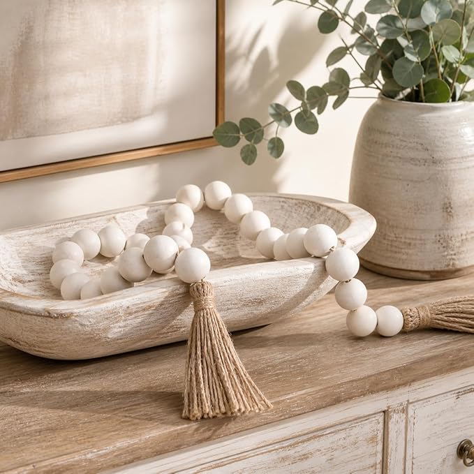 OMISHE 76" Long Extra Large Wood Bead Garland with 1.6" Diameter Wooden Beads and Tassels, Rustic Farmhouse Country Decorative Beads for Home Tiered Tray Decor, White