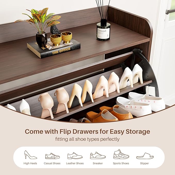 Shoe Storage Cabinet with 2 Flip Drawers, Entryway Shoe Cabinet with 2 Metal Hooks & Adjustable Shelves Freestanding Shoe Organizer Narrow Shoe Rack for Entrance Hallway Foyer Front Door,Rustic Brown