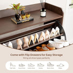Shoe Storage Cabinet with 2 Flip Drawers, Entryway Shoe Cabinet with 2 Metal Hooks & Adjustable Shelves Freestanding Shoe Organizer Narrow Shoe Rack for Entrance Hallway Foyer Front Door,Rustic Brown