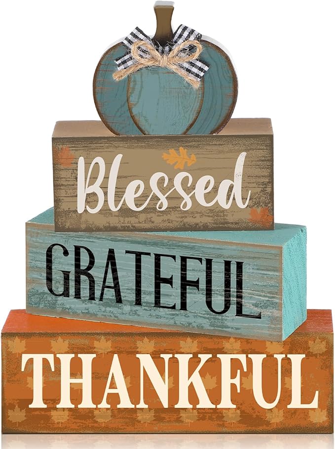 Lineshading 4 Pcs Fall Table Decoration for Home Wooden Blue Pumpkin Decor with Sunflowers Rustic Thanksgiving Tiered Tray Decor Autumn Centerpiece Decoration for Harvest Party Home Kitchen