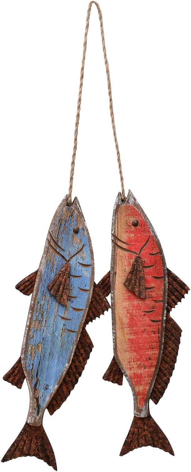 Antique Wood Fish Decor Decorative Wooden Hanging Fish Nautical Indoor Outdoor Decorations Wall Art Ornament (Set of 2)