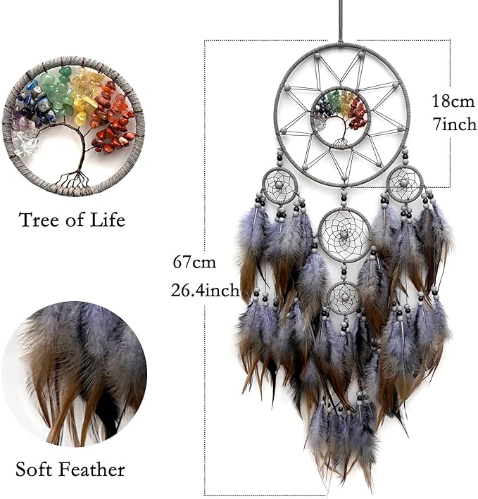 Grey Large Dream Catcher Wall Decor Crystal Tree of Life Dream Catchers Handmade Feather Dreamcatcher Wall Hanging Ornament for Bedroom Living Room Home Decor