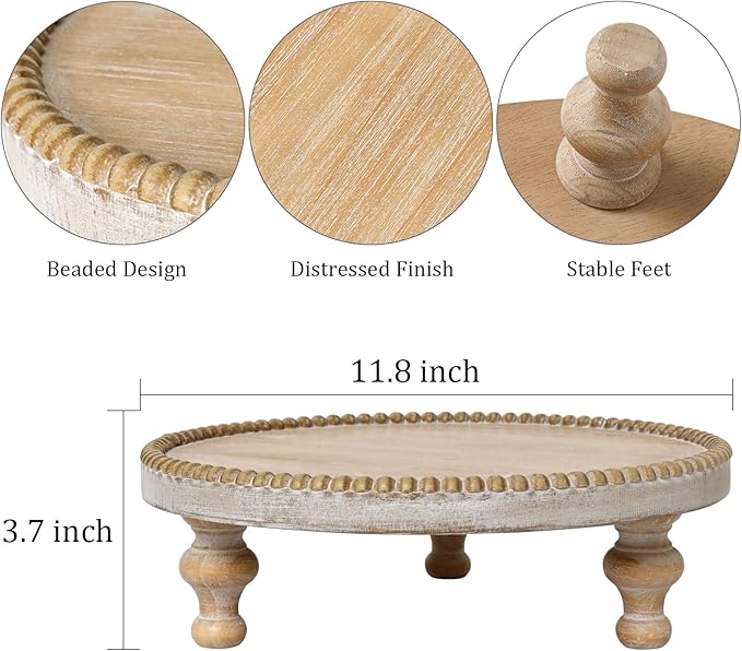 SwallowLiving Rustic Round Wood Tray Riser Farmhouse Pedestal Stand With Beaded Edge for Decor Wooden Finish Cupcake Display for Cakes and Decorative Items 11.8 inches