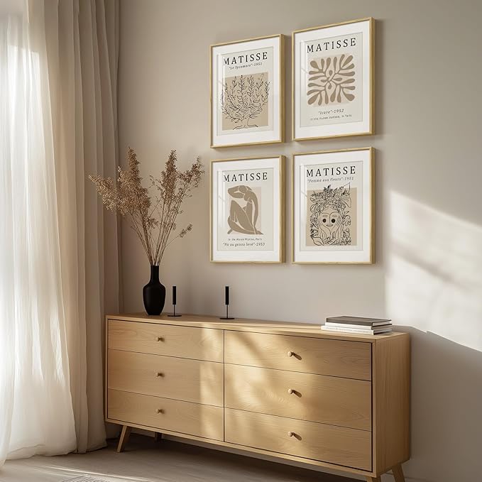 Framed Matisse Neutral Wall Art Set of 4, Beige Abstract Modern Minimalist Botanical Prints for Bathroom Living Room Dining Room Bedroom Home Office Decor, 12x16