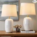 PUSU 22 Inch White Ceramic Table Lamps Set of 2, Fabric Lampshade Living Room Office Desk lamp, E26 Socket Rotary Switch Lighting for Bedroom, Nightstand, Reading, Office, Study, Corner, Home Decor