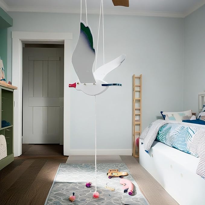 Wooden Flying Seagull Decorative Hanging Mobile Nautical Ornament Nursery Room Bird Drop for Patio Balcony Wedding Party(14")