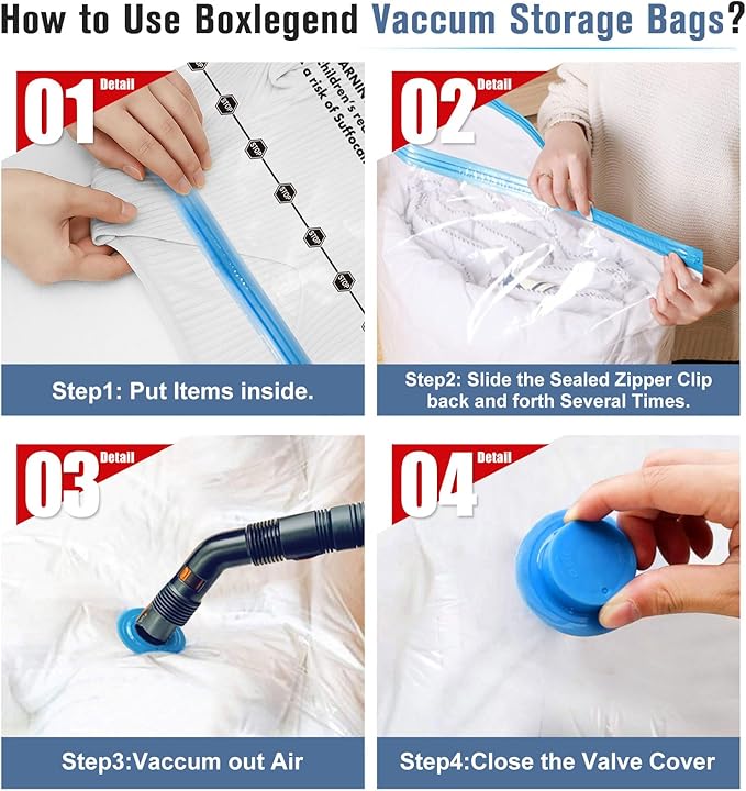 BoxLegend Vacuum Storage Bags with Large Hand Pump 15 Combo (1X-Jumbo, 2 Jumbo, 5 Large, 5 Medium, 2 Small) Thickened Vacuum Seal Bags for Clothing Pillow Comforters Bedding,1 Large Pump