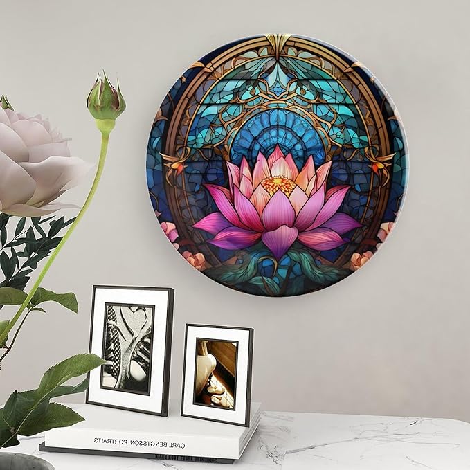 Decorative Plates, Moroccan Water Lily Stained Glass Print Ceramic Dinner Plate Home Wobble-Plate with Display Stand, Wall Hanging Decor for Kitchen Household 8 Inch, Gifts for Lotus Lover