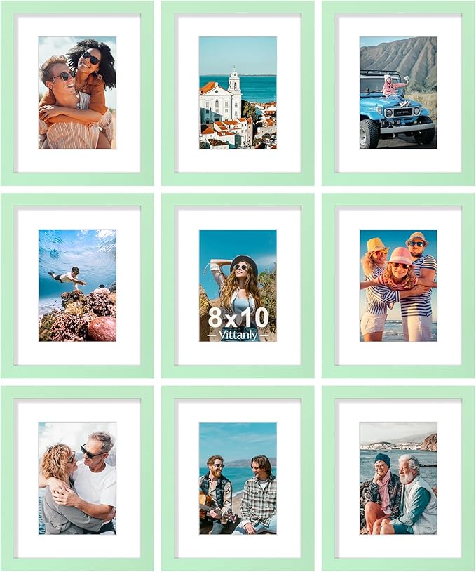 Vittanly 8x10 Picture Frames Set of 9, Shatter Resistant Plexiglass, Display 5x7 Pictures with Mat or 8x10 without Mat, Photo Frames for Wall or Tabletop, Engineered Wood, Light Green
