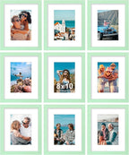 Vittanly 8x10 Picture Frames Set of 9, Shatter Resistant Plexiglass, Display 5x7 Pictures with Mat or 8x10 without Mat, Photo Frames for Wall or Tabletop, Engineered Wood, Light Green