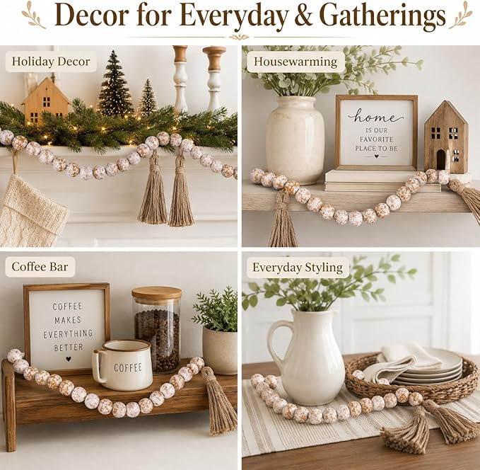 IMIKEYA Wooden Beads Garland: Farmhouse Wood Bead Garland with Tassels Boho Wall Hanging for Home Decor Tiered Tray Rustic Wood Prayer for Coffee Table Decor