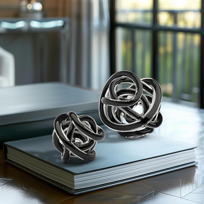 Torre & Tagus Orbit Hand Blown Glass Infinity Knot Sculpture - 4.5 Inch Glass Art Black Knot Decor Ball for Home Decor, Small Centerpiece Table Decoration for Home Interior (Solid Black)