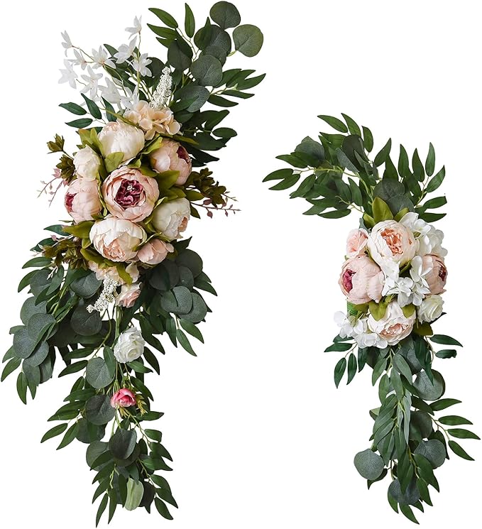 2 Pcs Wedding Arch Flowers Kit, Artificial Peony Flower Swag Backdrop Floral Garland Centerpieces, Champagne Peony Floral Swags Silk Hanging Peony Garland with Green Leaves Decor for Home(Pink)