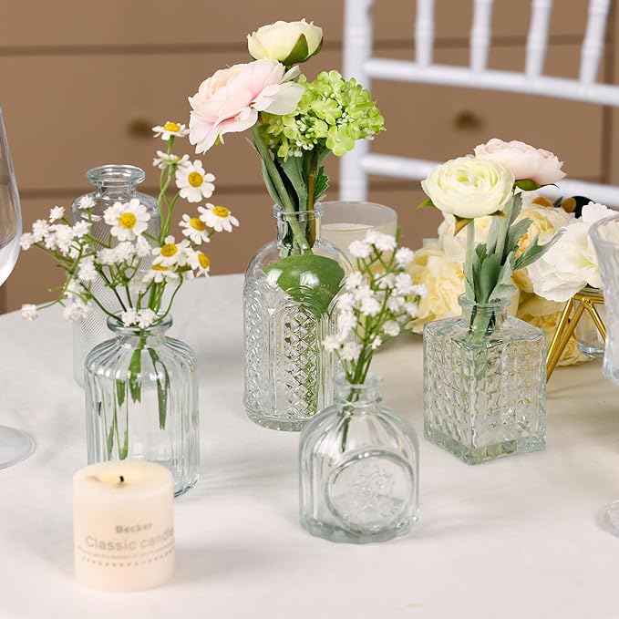 CUCUMl 24 Pack Glass Bud Vases in Bulk for Centerpieces, Clear Vintage Decorative Small Vases for Flowers, Wedding Rustic Home Table Decor
