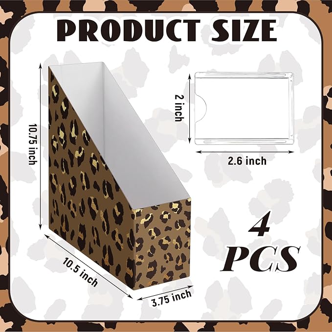 AmazingSpark Set of 4 Leopard Print Magazine Holder Decorative Foldable Magazine Storage Boxes with Acrylic Label Holders Coquettish Boho Organizer for Office Home Organization Storage