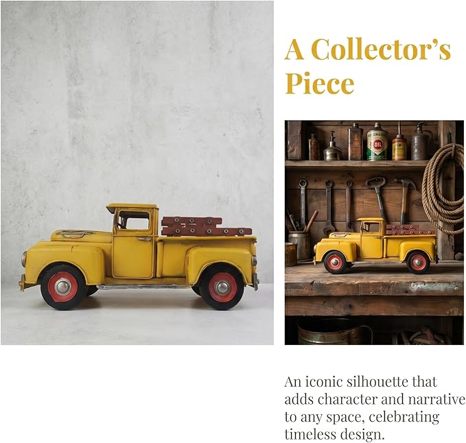 Vintage Farmhouse Yellow Truck Pickup Truck Rustic Metal Home Decor Collectible Vehicle Car Model Home Table Desktop Tabletop Gift Decoration