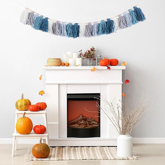 MECCANIXITY Bohemian Yarn Tassel Garland with Wood Beads,3.9Ft Blue Cream Gray Wall Hanging Tassels Banner Western Room Decor for Bedroom Office Nursery Classroom Party Decorations
